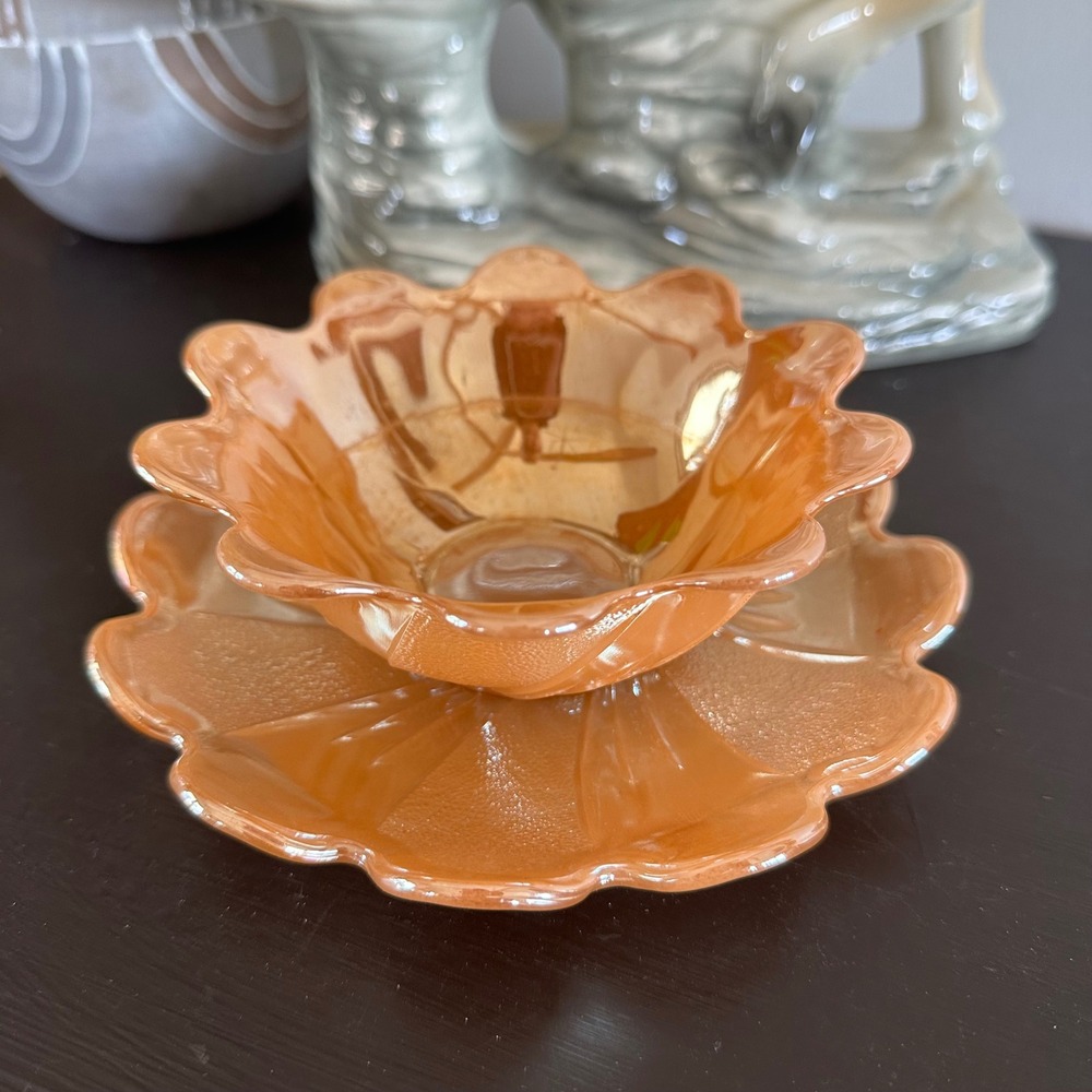 Vintage Peach Fire King Lusterware Petal Bowl and Saucer Set Iridescent 2 Piece